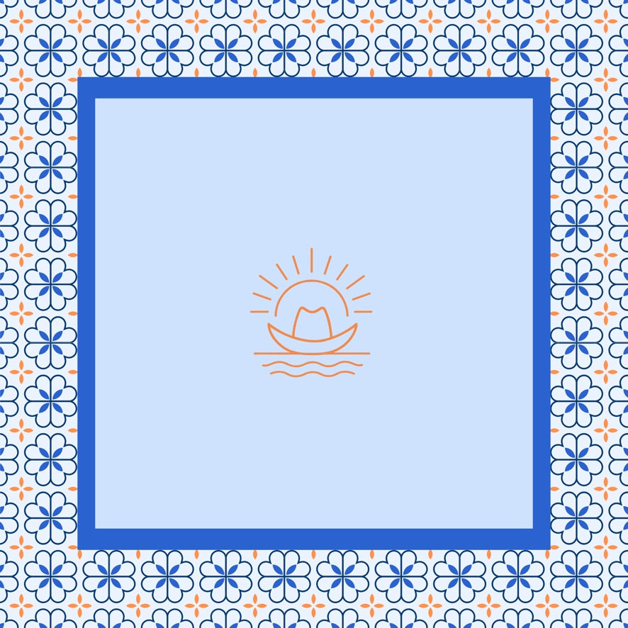 Decorative design with a central icon of a boat on water, surrounded by a floral pattern.