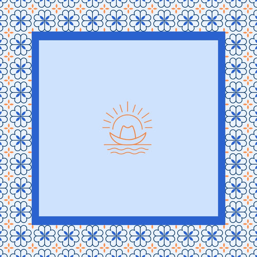 Decorative design with a central icon of a boat on water, surrounded by a floral pattern.